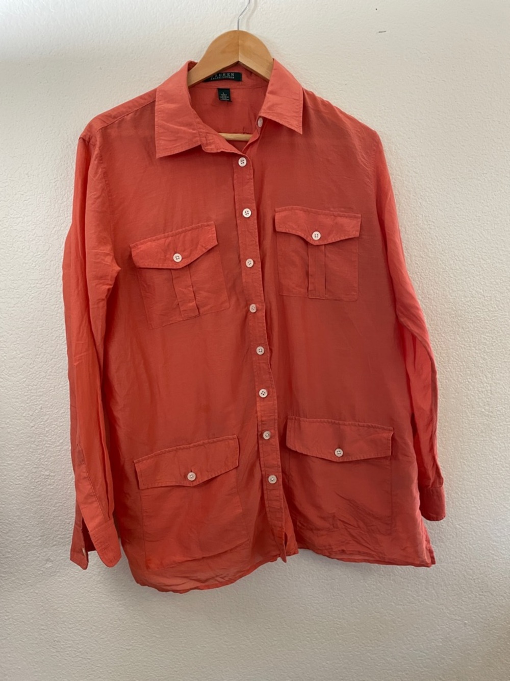 Ralph Lauren Coral-Orange sheer silk cotton blend Button Front Shirt L